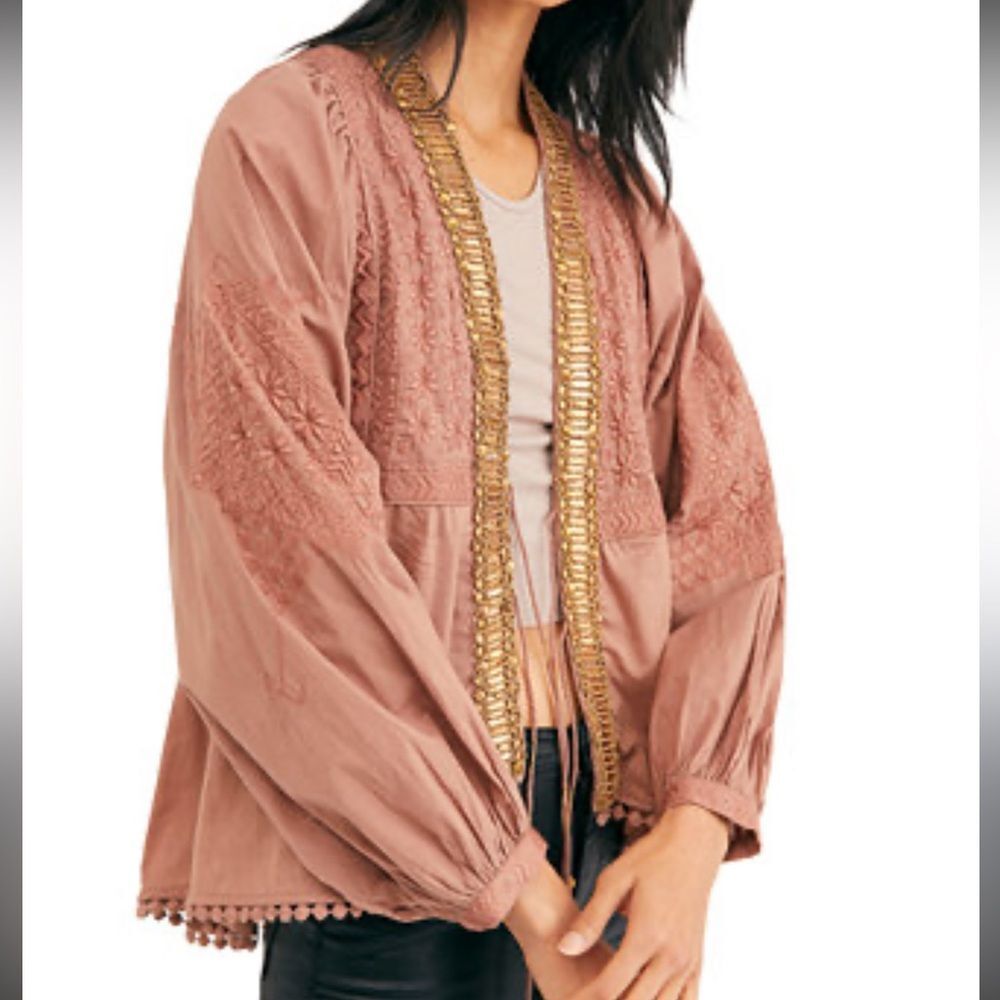 Free People Jasmine Embellished Jacket in Pink Mist